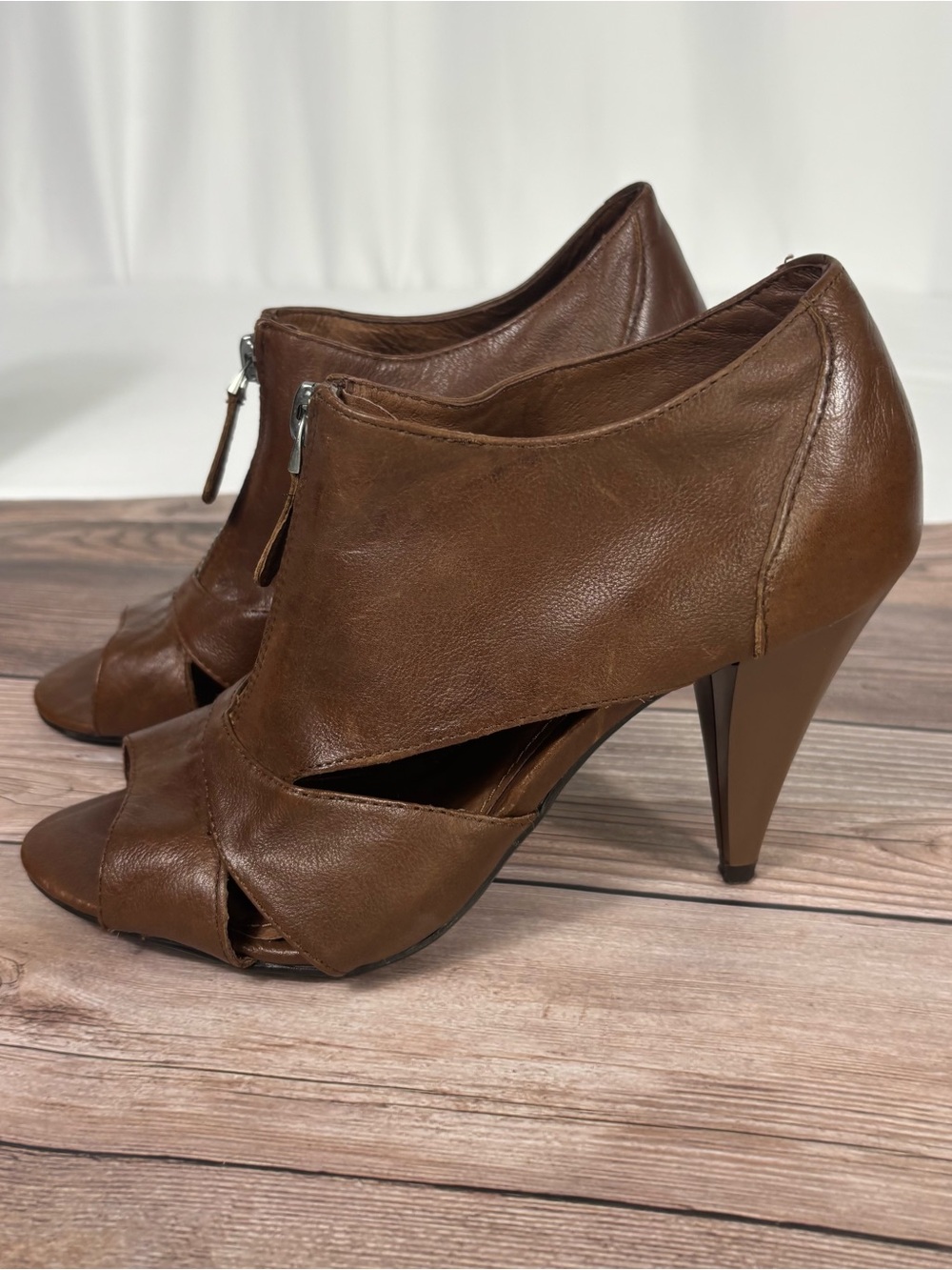 ALDO Brown Leather Peep-Toe Booties